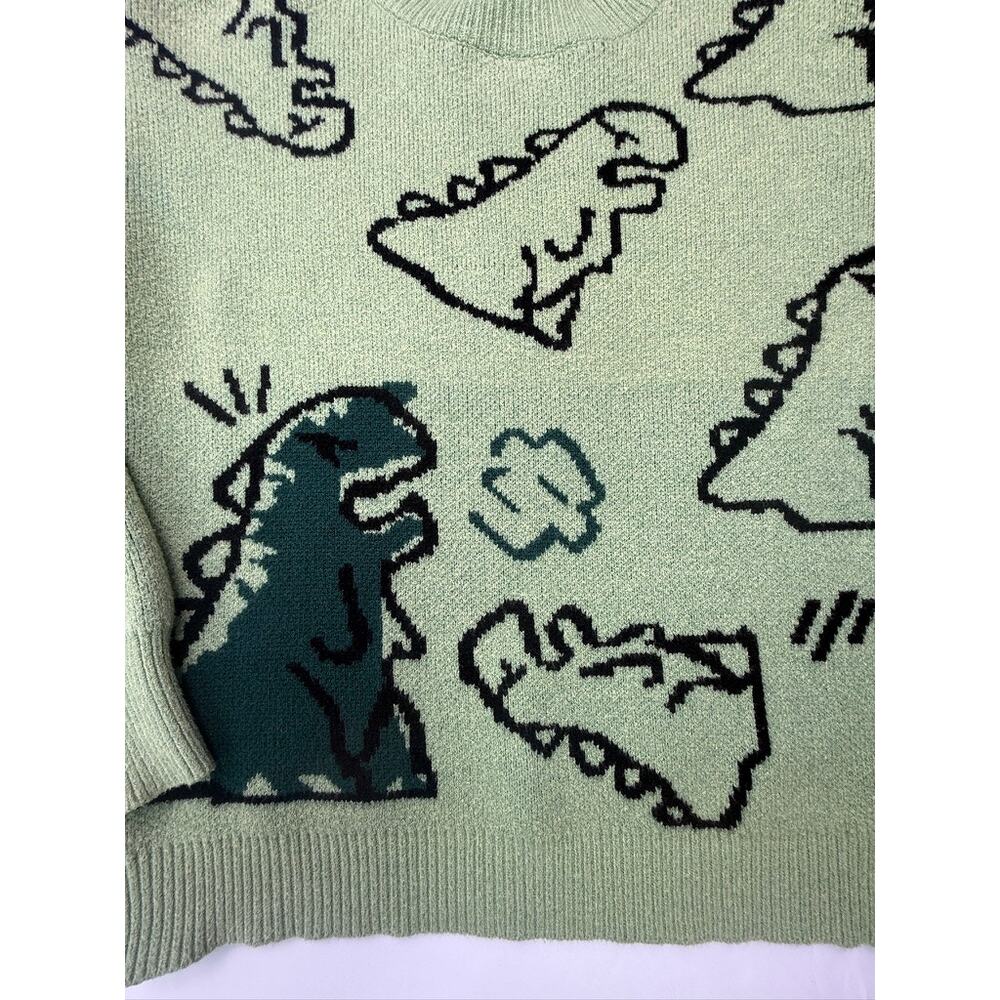 Green Dinosaur Cartoon Knit Sweater Unisex Small Crewneck Graphic Pullover - Picture 4 of 11